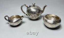 19c. Art Nouveau J. C. Klinkosch Vienna Silver Tea Pot Set Trompe l'oeil Banded