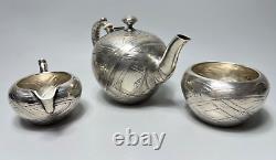 19c. Art Nouveau J. C. Klinkosch Vienna Silver Tea Pot Set Trompe l'oeil Banded