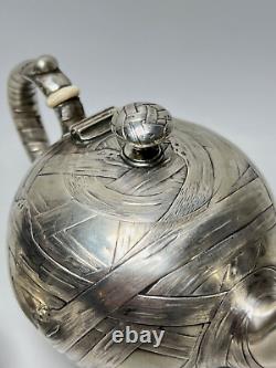 19c. Art Nouveau J. C. Klinkosch Vienna Silver Tea Pot Set Trompe l'oeil Banded