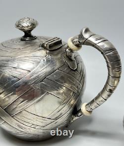19c. Art Nouveau J. C. Klinkosch Vienna Silver Tea Pot Set Trompe l'oeil Banded