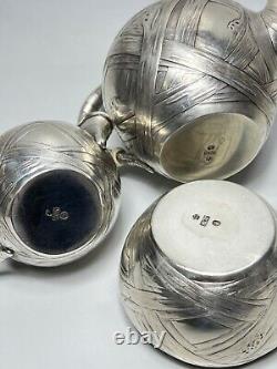 19c. Art Nouveau J. C. Klinkosch Vienna Silver Tea Pot Set Trompe l'oeil Banded
