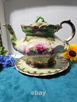 19th Century Antique Victorian Teapot With Underplate Floral Green Gold Gilt