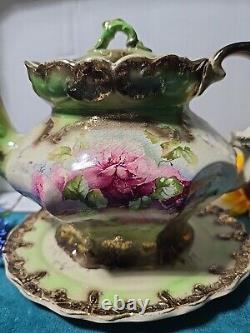 19th Century Antique Victorian Teapot With Underplate Floral Green Gold Gilt