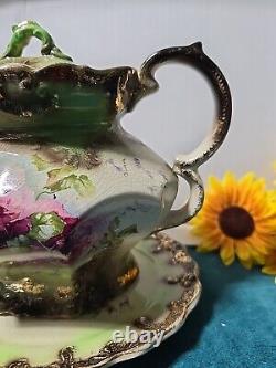 19th Century Antique Victorian Teapot With Underplate Floral Green Gold Gilt