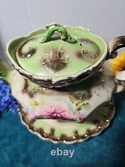 19th Century Antique Victorian Teapot With Underplate Floral Green Gold Gilt