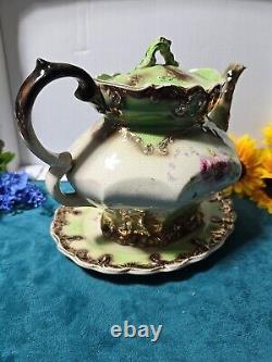 19th Century Antique Victorian Teapot With Underplate Floral Green Gold Gilt