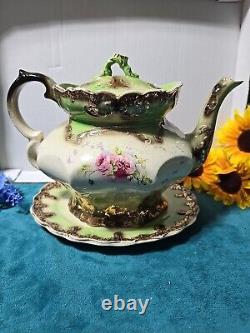 19th Century Antique Victorian Teapot With Underplate Floral Green Gold Gilt