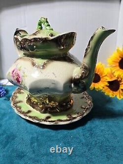 19th Century Antique Victorian Teapot With Underplate Floral Green Gold Gilt