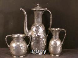 19th c Antique Figural Bird Embossed & Engraved Chased Silver Coffee Tea Pot Set