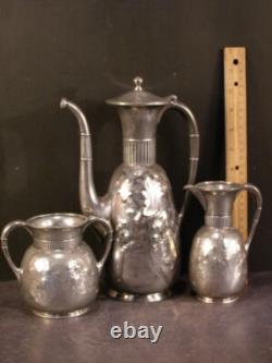19th c Antique Figural Bird Embossed & Engraved Chased Silver Coffee Tea Pot Set