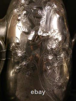 19th c Antique Figural Bird Embossed & Engraved Chased Silver Coffee Tea Pot Set