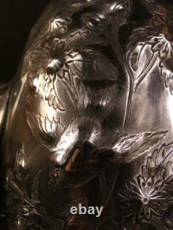 19th c Antique Figural Bird Embossed & Engraved Chased Silver Coffee Tea Pot Set