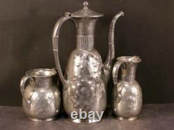 19th c Antique Figural Bird Embossed & Engraved Chased Silver Coffee Tea Pot Set