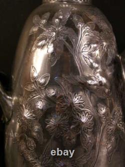 19th c Antique Figural Bird Embossed & Engraved Chased Silver Coffee Tea Pot Set