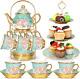 21 Pcs Porcelain Tea Set With Metal Holder And Cupcake Stand, Ceramic Tea Pot Cu