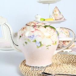 21 Pieces Vintage English Style Set Bone China Tea Kettle Teapot & Saucers Pink