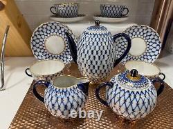 22K GOLD Cobalt Net Imperial Lomonosov Porcelain 13 pc Russian Coffee Tea Set