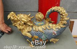 22 China Royal Bronze 24K Gold Gild Cloisonne Dragon Fish Statue Teapot Wine Pot