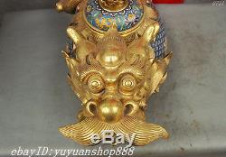 22 China Royal Bronze 24K Gold Gild Cloisonne Dragon Fish Statue Teapot Wine Pot