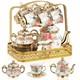 22 Pcs Gold Plated Vintage Floral Porcelain Tea Set For Adults With Metal Hol
