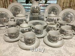 33pc Vintage Currier Ives Avon Award Tea Party Set Cake Plates Cups Tea Pot More