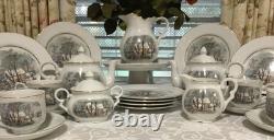 33pc Vintage Currier Ives Avon Award Tea Party Set Cake Plates Cups Tea Pot More