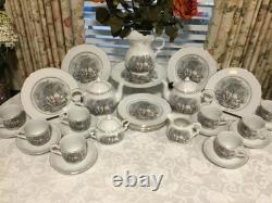 33pc Vintage Currier Ives Avon Award Tea Party Set Cake Plates Cups Tea Pot More