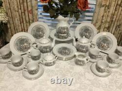 33pc Vintage Currier Ives Avon Award Tea Party Set Cake Plates Cups Tea Pot More