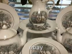 33pc Vintage Currier Ives Avon Award Tea Party Set Cake Plates Cups Tea Pot More