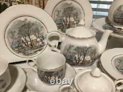 33pc Vintage Currier Ives Avon Award Tea Party Set Cake Plates Cups Tea Pot More