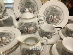 33pc Vintage Currier Ives Avon Award Tea Party Set Cake Plates Cups Tea Pot More