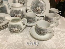 33pc Vintage Currier Ives Avon Award Tea Party Set Cake Plates Cups Tea Pot More