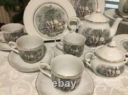 33pc Vintage Currier Ives Avon Award Tea Party Set Cake Plates Cups Tea Pot More