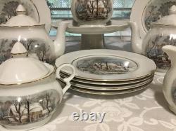 33pc Vintage Currier Ives Avon Award Tea Party Set Cake Plates Cups Tea Pot More