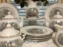 33pc Vintage Currier Ives Avon Award Tea Party Set Cake Plates Cups Tea Pot More