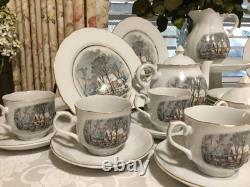33pc Vintage Currier Ives Avon Award Tea Party Set Cake Plates Cups Tea Pot More