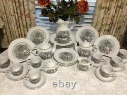 33pc Vintage Currier Ives Avon Award Tea Party Set Cake Plates Cups Tea Pot More