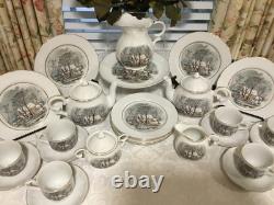 33pc Vintage Currier Ives Avon Award Tea Party Set Cake Plates Cups Tea Pot More