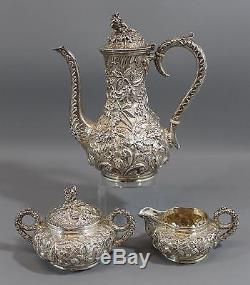 3 Antique S Kirk & Son Co Sterling Repousse Tea Set, Tea Pot, Sugar & Creamer