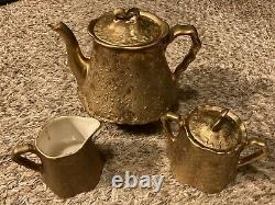 3 PCS Antique 22 Karat Gold Tea Set BEL TERR Teapot Sugar Bowl Creamer Victorian
