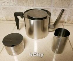 3 Pc Set Arne Jacobsen Cylinda Line Stelton Coffee TeaPot Sugar Dish MCM Metal