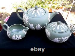 3 Pc Wedgwood Jasperware Sage Green Tea Pot Creamer & Sugar Bowl England