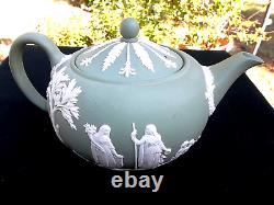 3 Pc Wedgwood Jasperware Sage Green Tea Pot Creamer & Sugar Bowl England