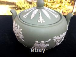 3 Pc Wedgwood Jasperware Sage Green Tea Pot Creamer & Sugar Bowl England