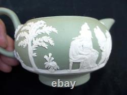 3 Pc Wedgwood Jasperware Sage Green Tea Pot Creamer & Sugar Bowl England