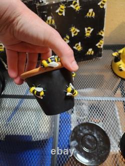 3 piece bumble bee sugar & tea tea pot, two tea cups and saucers, tw
