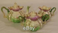 3pc Tea Set German RS PRUSSIA Mold 505 Purple Green Teapot Cream Sugar Flowers