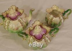 3pc Tea Set German RS PRUSSIA Mold 505 Purple Green Teapot Cream Sugar Flowers