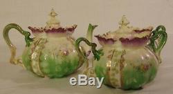 3pc Tea Set German RS PRUSSIA Mold 505 Purple Green Teapot Cream Sugar Flowers