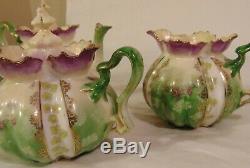 3pc Tea Set German RS PRUSSIA Mold 505 Purple Green Teapot Cream Sugar Flowers